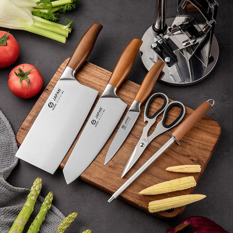 Japan Kitchen Knives Set Stainless Steel Chef Knife Forged Santoku Utility Paring Cleaver Knife Set with Block