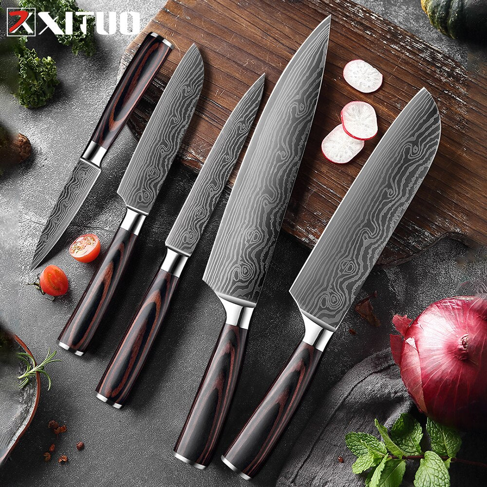 XITUO Stainless Steel Chef Knife 1-10PCS knife Japanese Kiritsuke Santoku Knife Laser Damascus Pattern Cleaver Kitchen Knife Hot