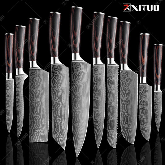 XITUO Stainless Steel Chef Knife 1-10PCS knife Japanese Kiritsuke Santoku Knife Laser Damascus Pattern Cleaver Kitchen Knife Hot