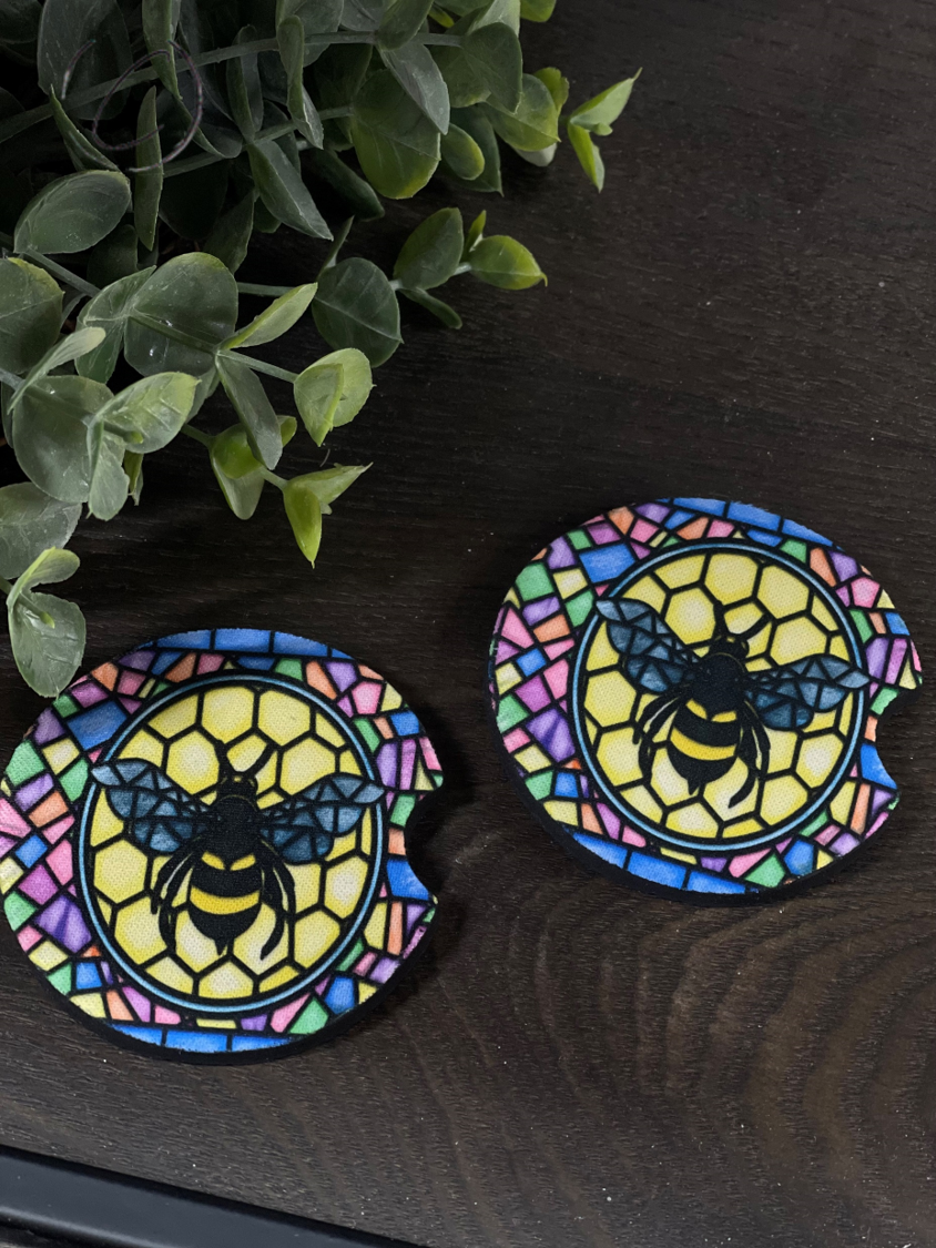 Stained Glass Bee Car Coaster Set